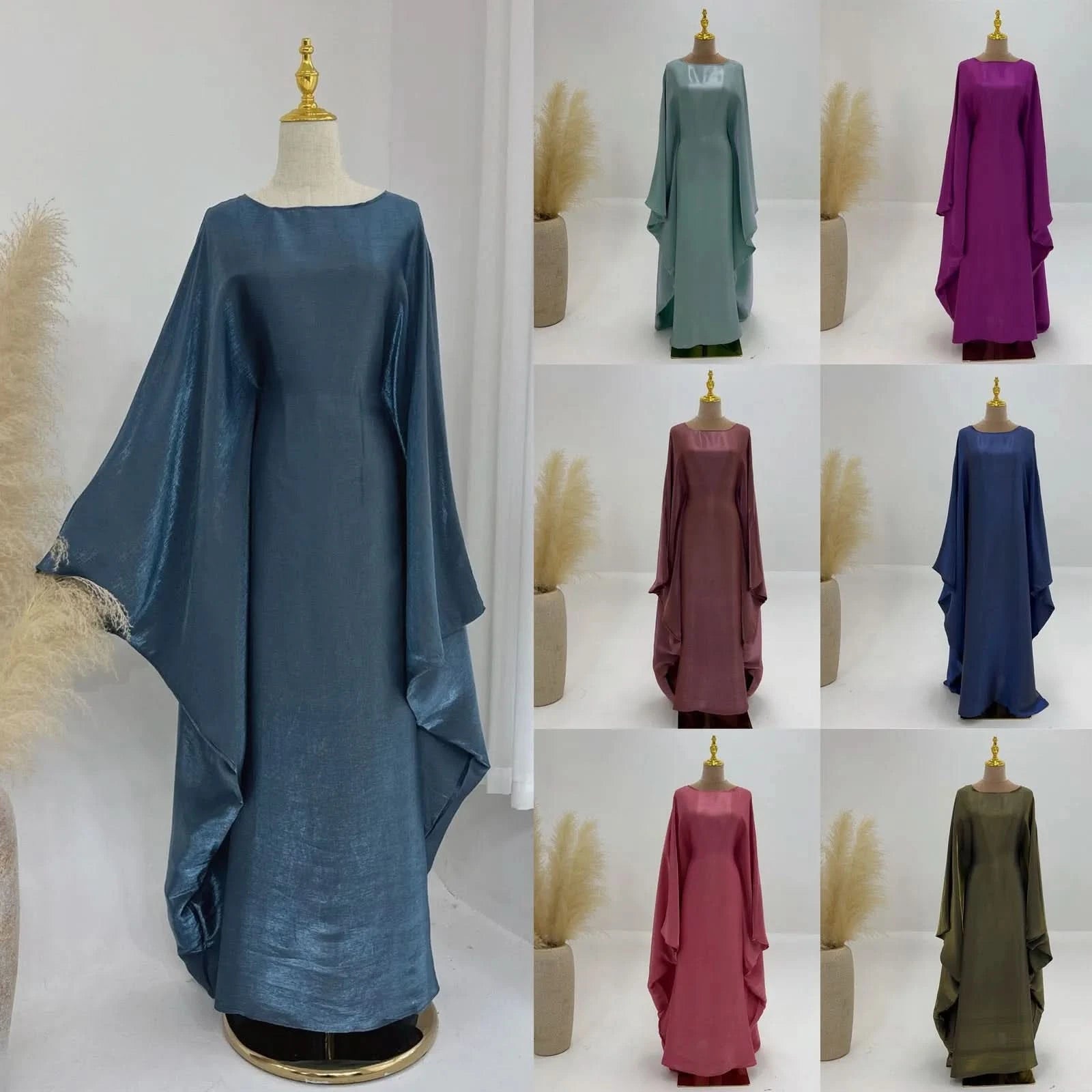 Ramadan Satin Abaya Islam Muslim Summer Batwing Sleeve Maxi Dress Kebaya Abayas For Women Kaftan Robe Musulmane Femme Vestidos - M & M Global