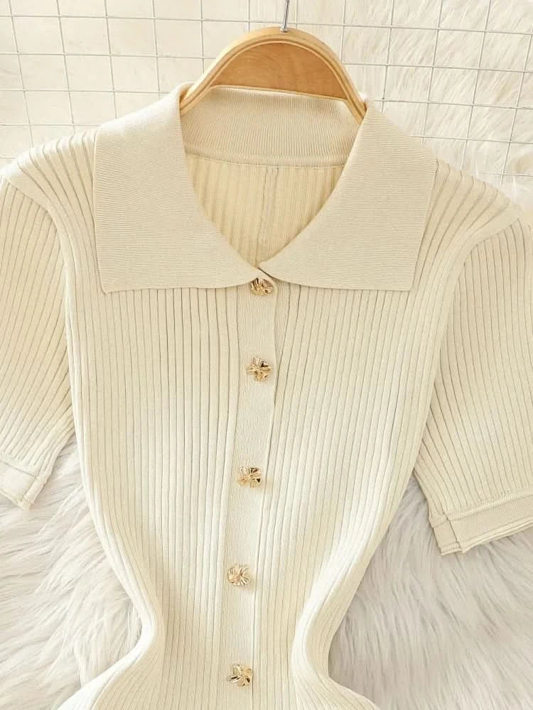 Summer 2024 New Women's Black Beige Single Breasted Knitted Long Dress Green Elegant Office Lady Short Sleeve Pleated Dress Chic - M & M Global