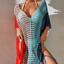 Knitted Contrast Tassel Bikini Summer Beach Cover Up Sexy Hollow Out Women V Neck Loose Beachwear Sunscreen Smock - M & M Global