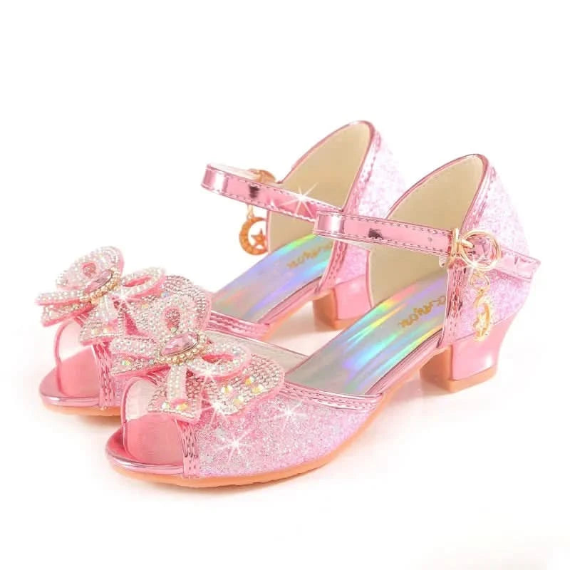 Summer Girls Sandals With Heel Fashion Rhinestone Shiny Glitter Shoes Children Princess Bowtie Pearl Dancing Shoes H876 - M & M Global