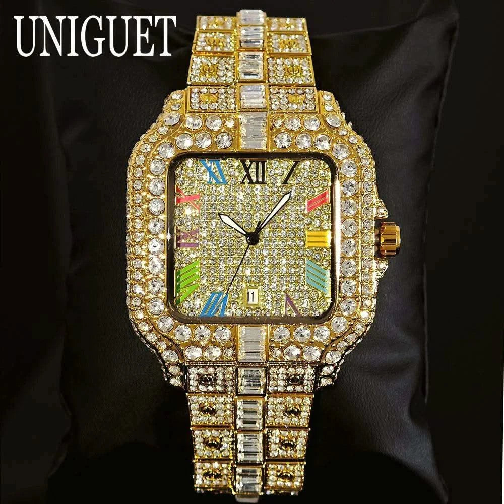 2025 UNIGUET Luxury Diamond Watch For Men With Rainbow Dial Calendar Quartz Watches Fashion Hip Hop Iced Out Wristwatch Man Gift - M & M Global
