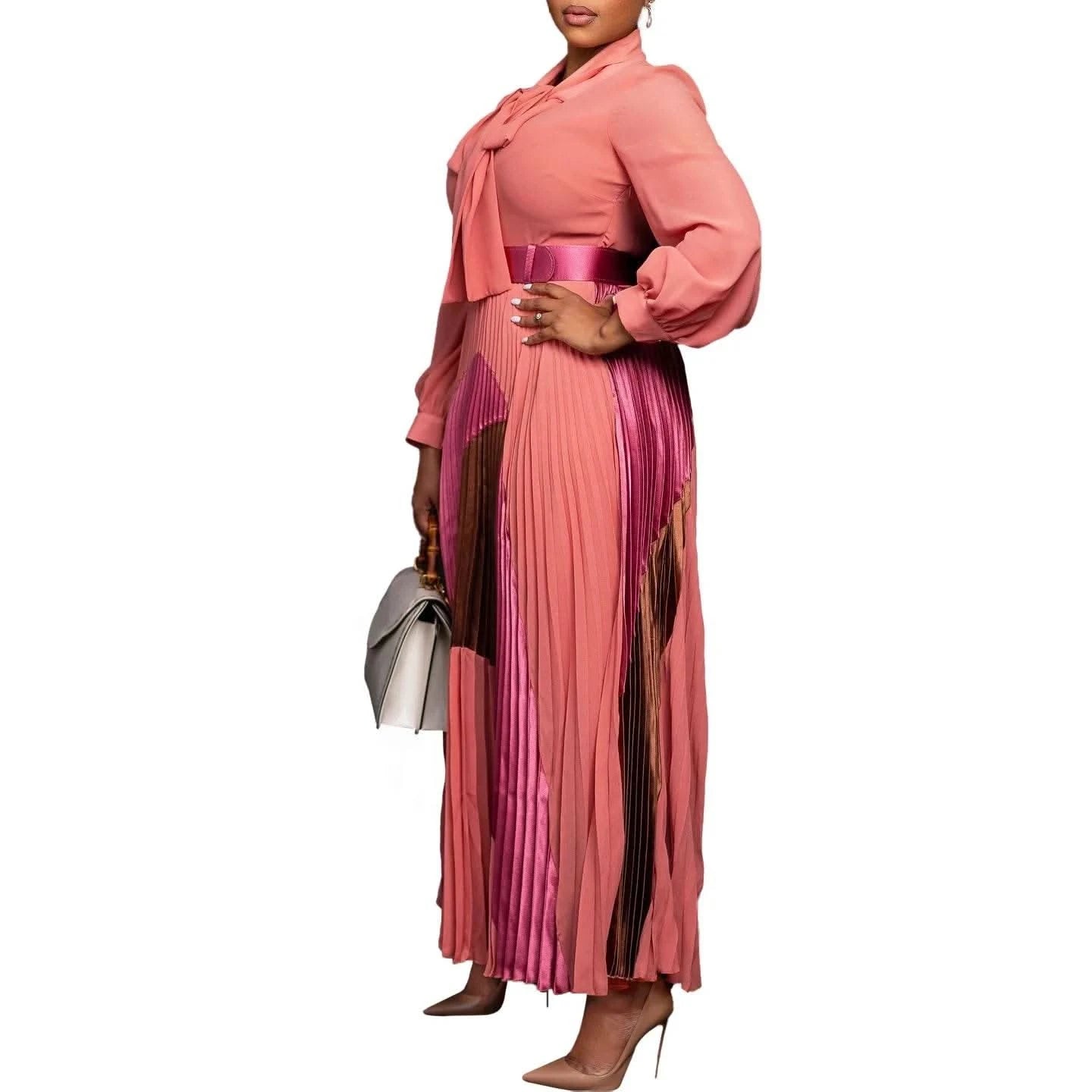 CM.YAYA Elegant Women Wraped Bow Neck Long Sleeve with Sashes Maxi Long Dress Chic INS Sexy Party Prom Big Swing Pleated Dresses - M & M Global