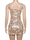 Weird Puss Colorful Flower Print Mini Dress Women Sequins Patchwork Skinny Backless Sleeveless Vacation Trend Elegant Outfits - M & M Global