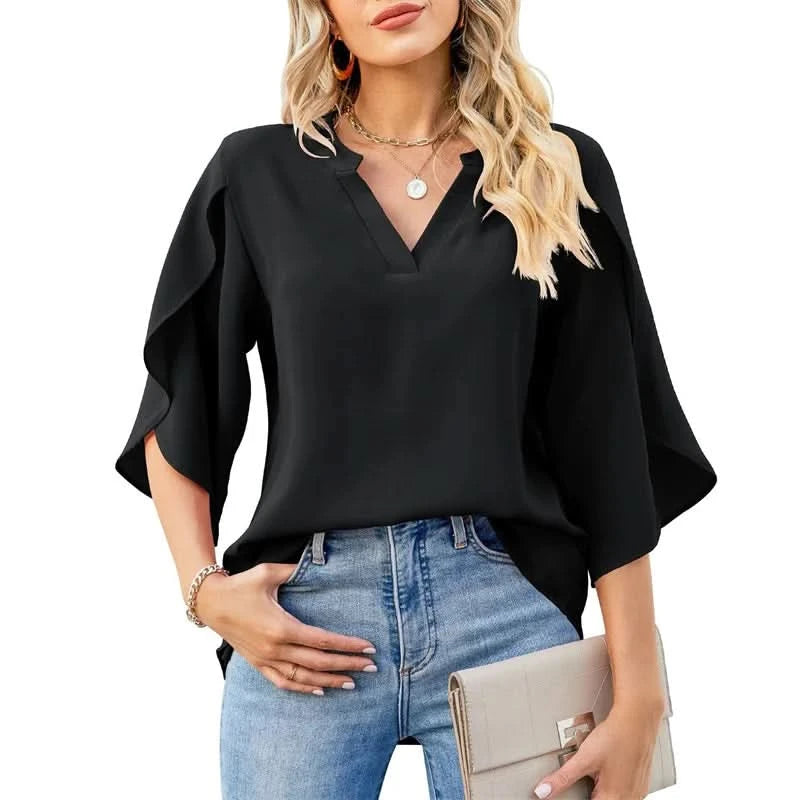 Women Summer Style Chiffon Blouses Shirts Lady Casual Short Flare Sleeve V-Neck Loose Blouse Tops - M & M Global