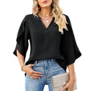 Women Summer Style Chiffon Blouses Shirts Lady Casual Short Flare Sleeve V-Neck Loose Blouse Tops - M & M Global