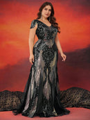 Plus Size Luxury Cap Sleeves V-back Sequins Formal Evening Dresses 2026 Elegant Mermaid Wedding Party Cocktail Family Gowns