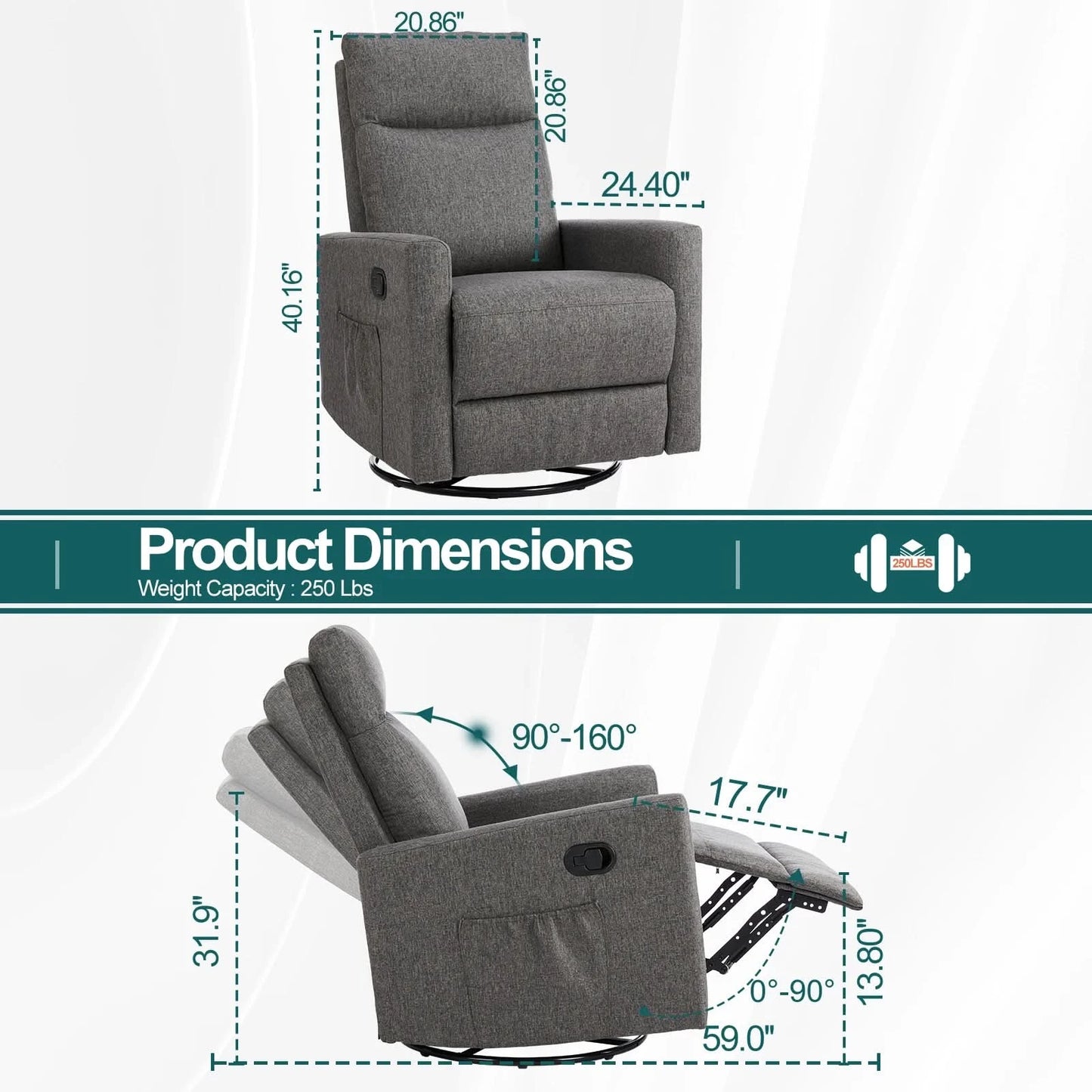JHK Swivel Rocking Living Room Sofa Manual Upholstered Seating Recliner Angle Adjustable with Extra Large Footrest for Bedroom