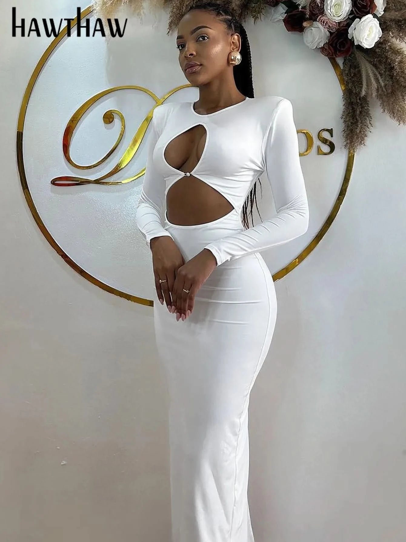Hawthaw Women 2024 Spring Autumn Sexy Long Sleeve Party Club Hollow Out Bodycon White Long Dress Wholesale Items For Business - M & M Global