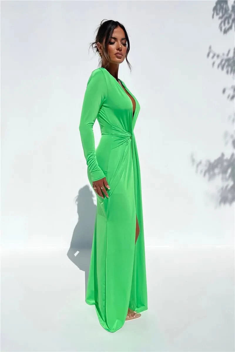 Mozision Deep V Neck Long Sleeve Split Maxi Dress Women Elegant Clubwear 2023 Autumn New Bodycon Ruched Sexy Long Dress - M & M Global
