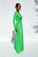 Mozision Deep V Neck Long Sleeve Split Maxi Dress Women Elegant Clubwear 2023 Autumn New Bodycon Ruched Sexy Long Dress - M & M Global