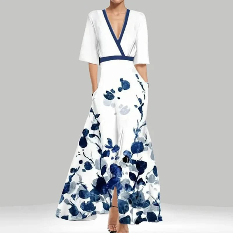 Spring Summer Women Fashion V Neck Belted Party Long Dress Sexy Printing  Boho Maxi Dresses Short Sleeve Pocket Femlae Holiday - M & M Global