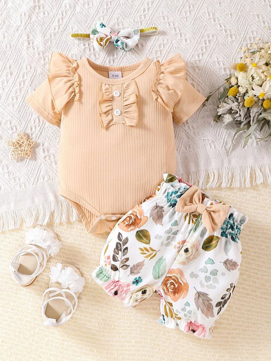 3pcs Newborn Baby girl Ruffle Short sleeve Bodysuit+Bow Printed shorts+Headband 0-18 Months Cute Baby Summer Set - M & M Global