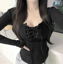 Autumn Sexy Women T Shirts Korean Lace Up Slim Long Sleeve Female Casual Tees Y2k Fashion New All Match Ladies Crop Tops