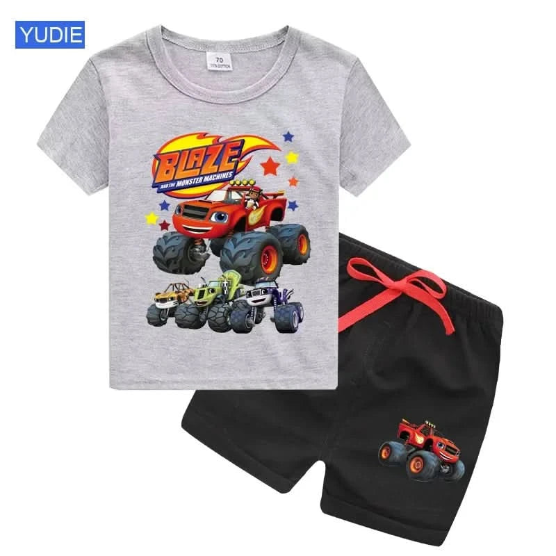 2025 Summer Baby Boy Clothes Set Cartoon Blazing Speed Cars Monster Machines Children Girl Short Sleeve T Shirt+Shorts 2PCS Suit - M & M Global