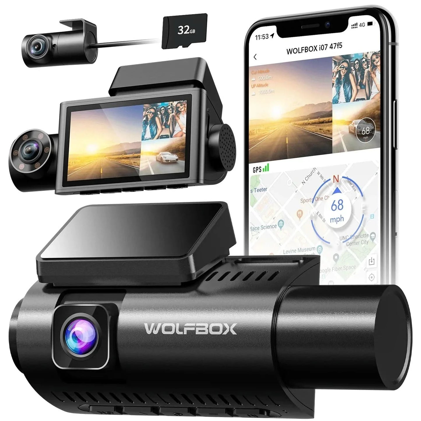WOLFBOX I07 Dash  Cam 3 Channel Dash Camera for Car Front and Rear 4K Dash Camera with GPS WiFi Car Dvr for 170 FOV WDR - M & M Global