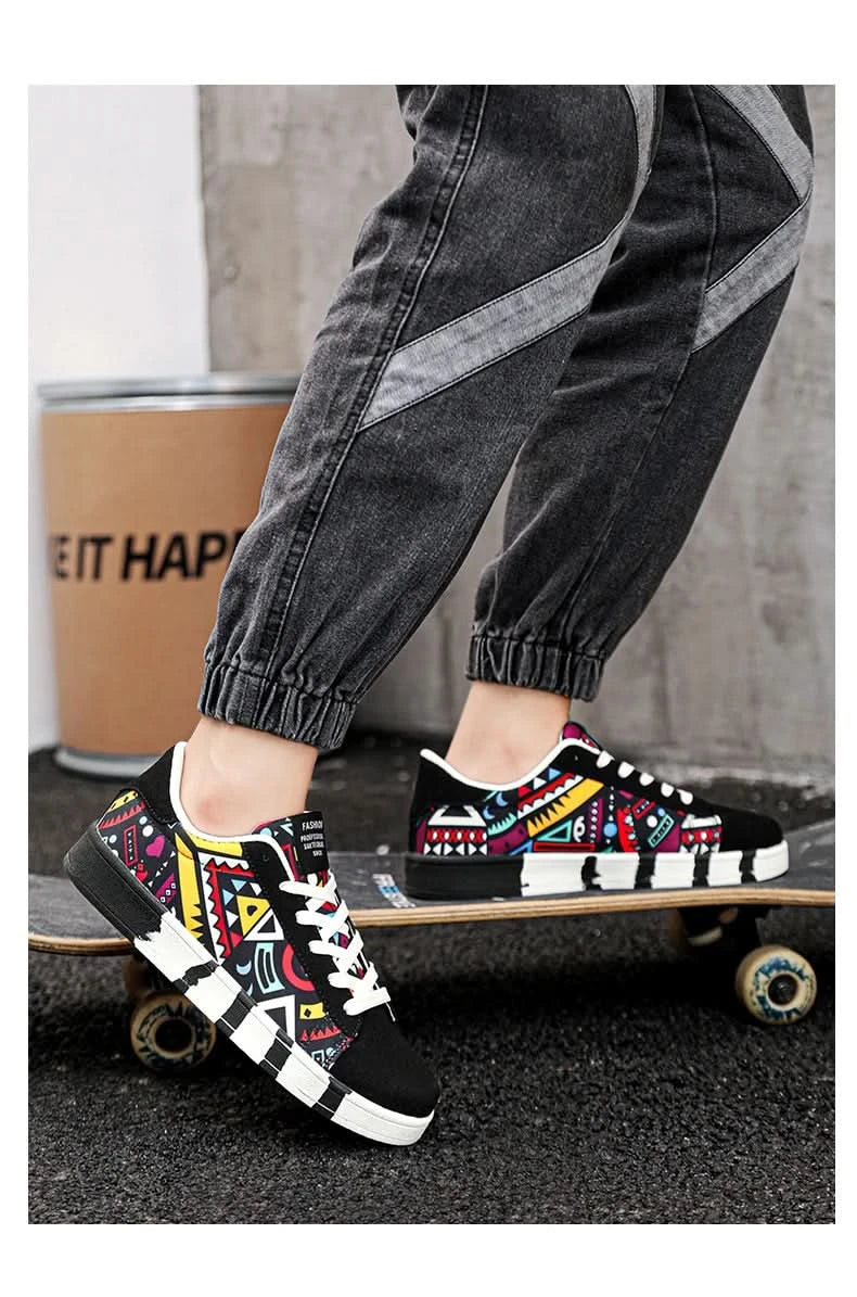 YRZL Men's Sports Running Shoes Canvas Geometric Style Lace-Up Sneakers Couples' Fashionable Graffiti Print Skate Shoes Men - M & M Global