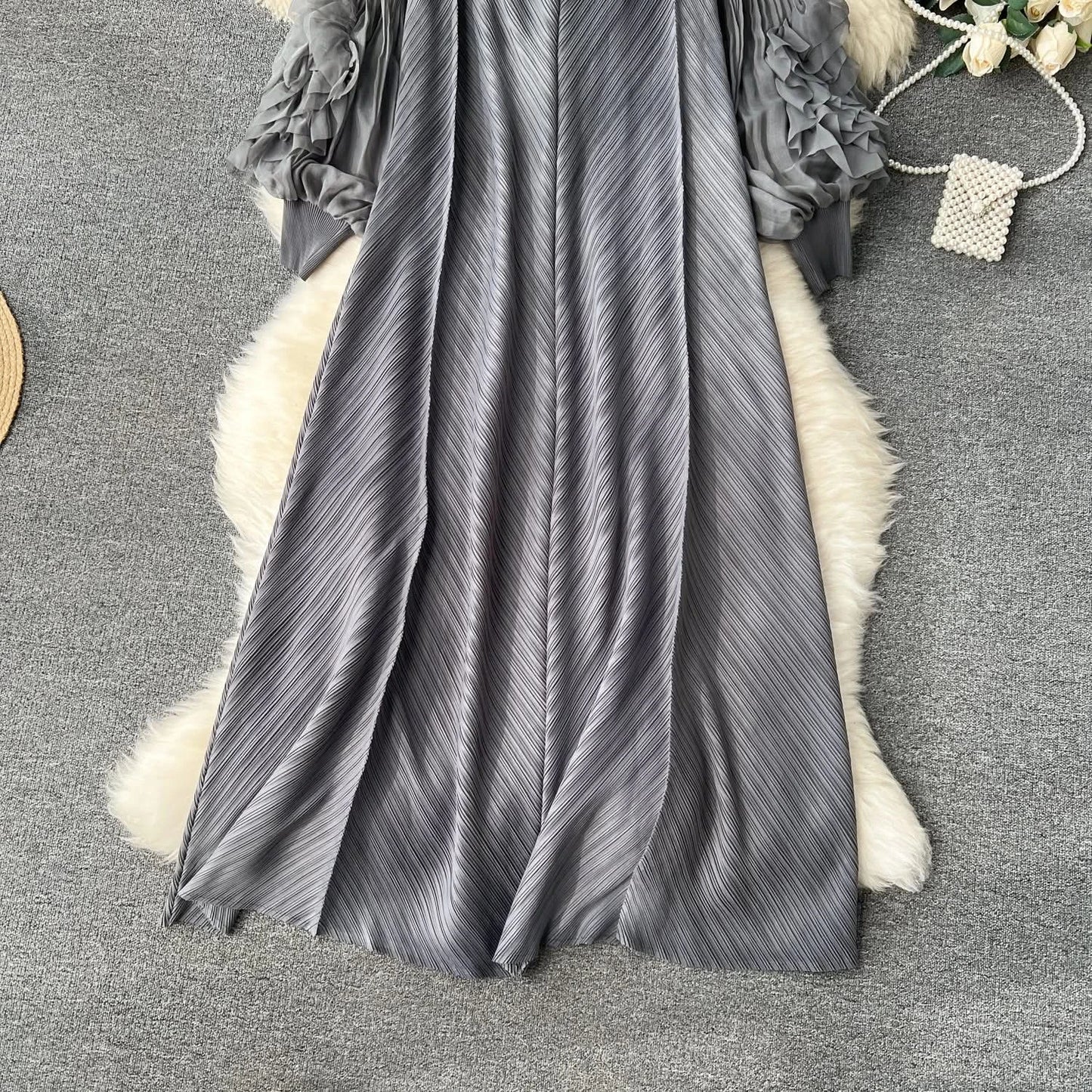 Sweet Pleated Vintage Three-dimensional Flower Loose Long Dress Chic Evening Korean Fashion Fashion Women Summer Dresses - M & M Global