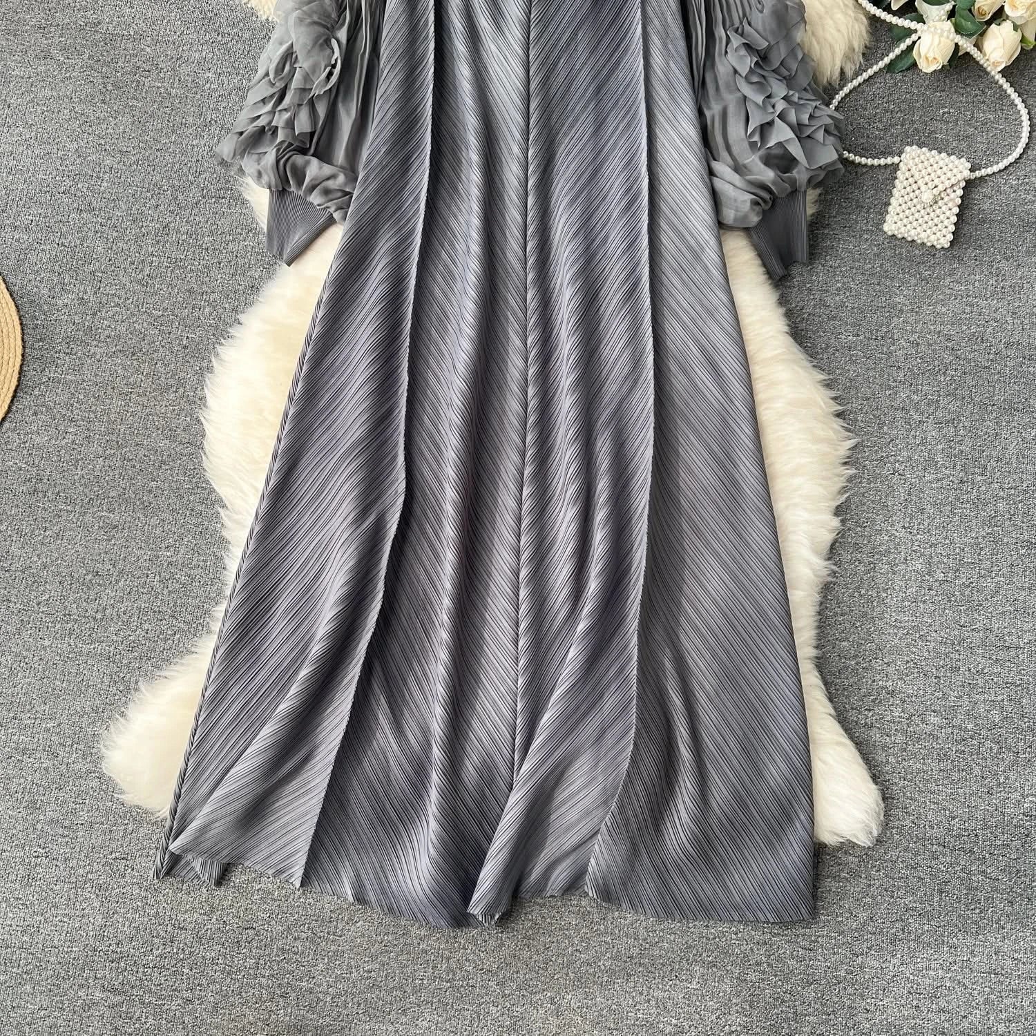 Sweet Pleated Vintage Three-dimensional Flower Loose Long Dress Chic Evening Korean Fashion Fashion Women Summer Dresses - M & M Global