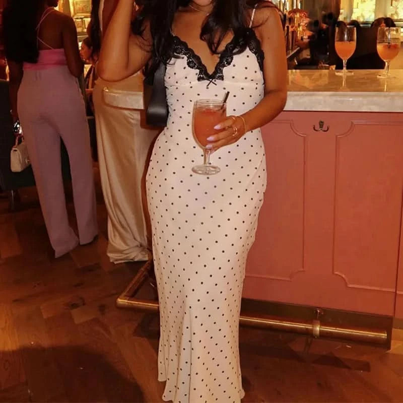 Tuularose Lace Spaghetti Strap Long Dress Women's Elegant Retro V-Neck Polka Dot Sleeveless Dress Summer Patchwork Party Dress - M & M Global