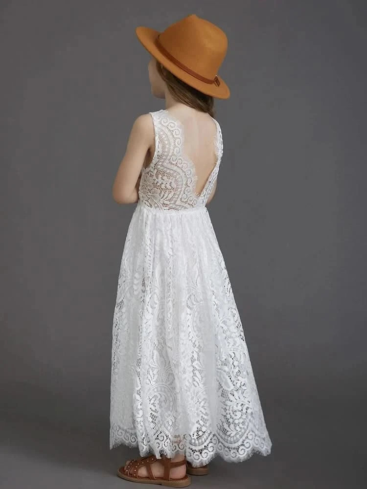 Plus Size Princess Girls Cotton Lace Party Long Dress Baby Kids Flower Girl Wedding Birthday Children Clothing 2 4  6 8 10 12 14 - M & M Global