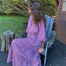 Summer Puff Sleeve Long Dress Women Geometric Print Half Sleeve Dress Boho V-Neck Loose Holiday Beach Dress Vestidos - M & M Global