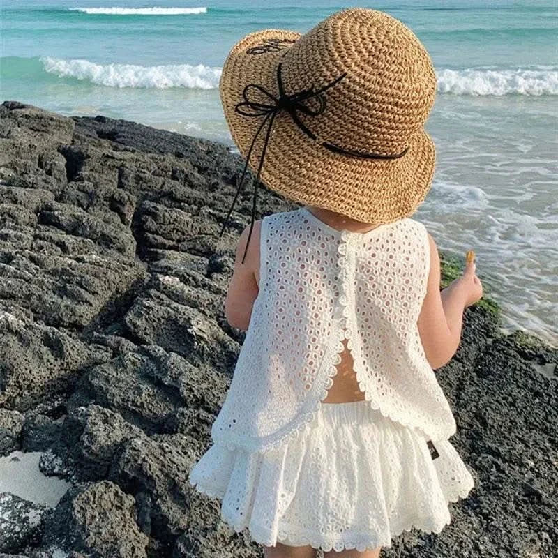 2PCS Kids Sets Summer Girl Clothes Children Hollow Lace Sleeveless Tops Shorts Set Fashion Baby Girl Cardigan Fake Two Suit - M & M Global