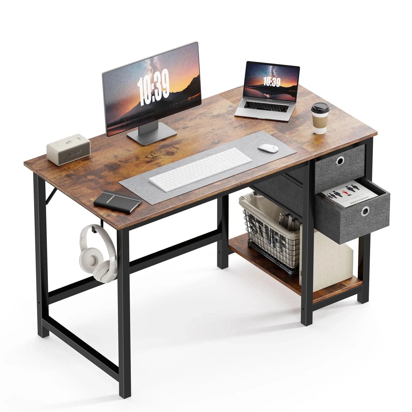 JHK Computer Desk With Drawers 55 Inch Home Office Desk Writing Desk Work Desk PC Table Study Desk With 2-Tier Drawers