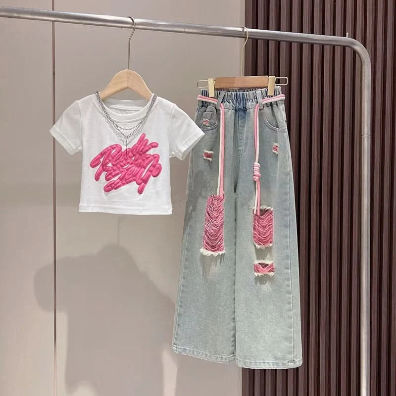Girls Summer New Short-Sleeved T-Shirt Jeans Big Boy Colorful Denim Ripped Pants Suit Children's Top Foreign Wide-Legged Pants - M & M Global