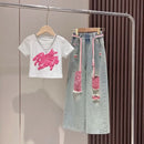 Girls Summer New Short-Sleeved T-Shirt Jeans Big Boy Colorful Denim Ripped Pants Suit Children's Top Foreign Wide-Legged Pants - M & M Global