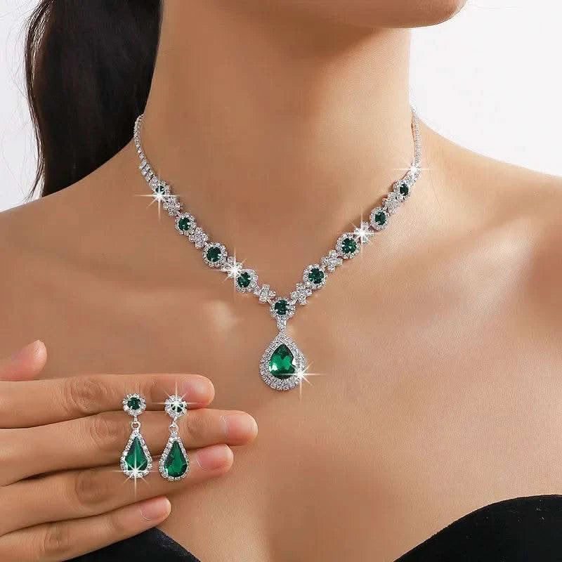 2pcs/set Jewelry Sets Women Elegant Waterdrop Rhinestone Pendant Necklace stud Earrings Wedding Dress Bridal Jewelry Set - M & M Global
