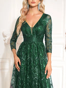 New Elegant Blue V-Neck Floral Evening Dress Long 2025 Luxury Women Long Sleeve Wedding Party Cocktail Dress Prom