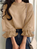 ZANZEA Women Elegant Party Blouse Vintage Mesh Ruffle 3/4 Sleeve Tops 2024 Autumn Stand Collar Shirts Korean Version Loose Tunic