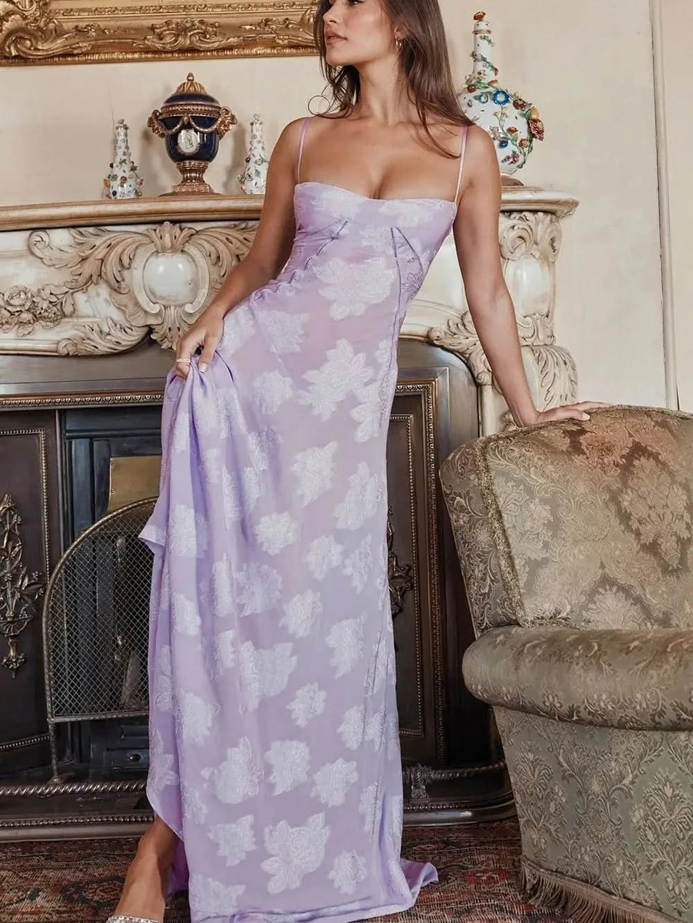 Sexy Lace Jacquard See Through Women Dress Sleeveless Tie Up Backless lace Long Dress Summer Party Ladies Bandage Party Dress - M & M Global