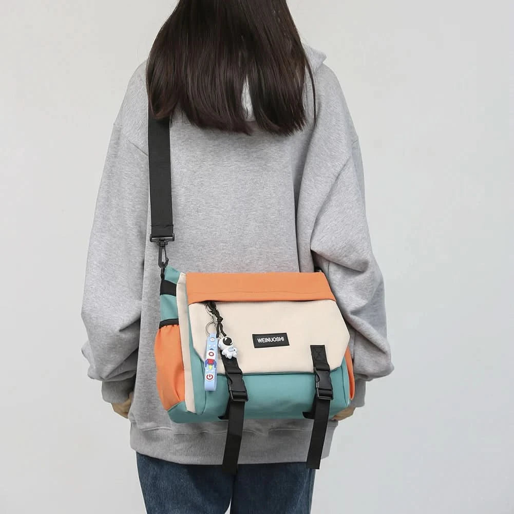 Unisex Student Messenger Bag Large Capacity Flap Crossbody Bag Contrast Color Casual Shoulder Bag for College Travel Business - M & M Global
