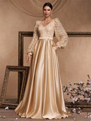 Luxury Beading Gold V-Neck Sequins Satin Evening Dresses Women Elegant Long Sleeve Wedding Party Prom Cocktail Gowns