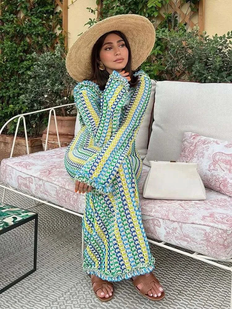 Contrast A-line Vestidos 2025 Female Party Club Vacation Robes Sexy Backless Women's Flare Sleeves Long Dress Fashion Elegant - M & M Global