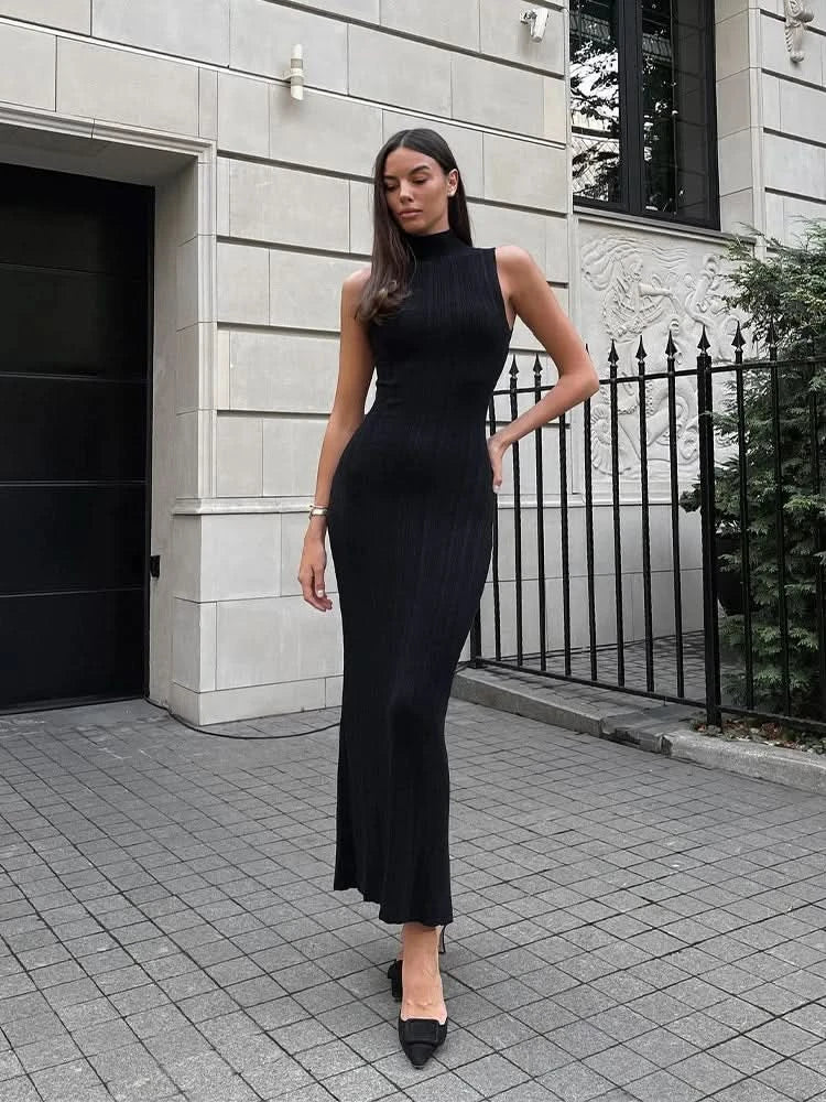 Tossy Sleeveless Knitwear Turtleneck Long Dress Female Slim Elegant Fashion Autumn 2023 Ribbed Knit Dress For Women Maxi Dress - M & M Global