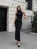 Tossy Sleeveless Knitwear Turtleneck Long Dress Female Slim Elegant Fashion Autumn 2023 Ribbed Knit Dress For Women Maxi Dress - M & M Global