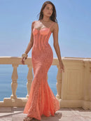 Mozision Floral Lace Sexy Maxi Dress For Women Orange Spaghetti Strap Sleeveless Backless Bodycon Club Party Long Dress Elegant - M & M Global