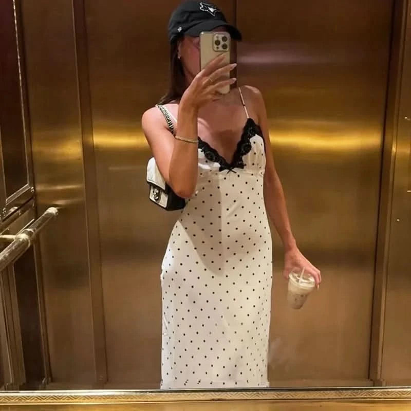 Tuularose Lace Spaghetti Strap Long Dress Women's Elegant Retro V-Neck Polka Dot Sleeveless Dress Summer Patchwork Party Dress - M & M Global