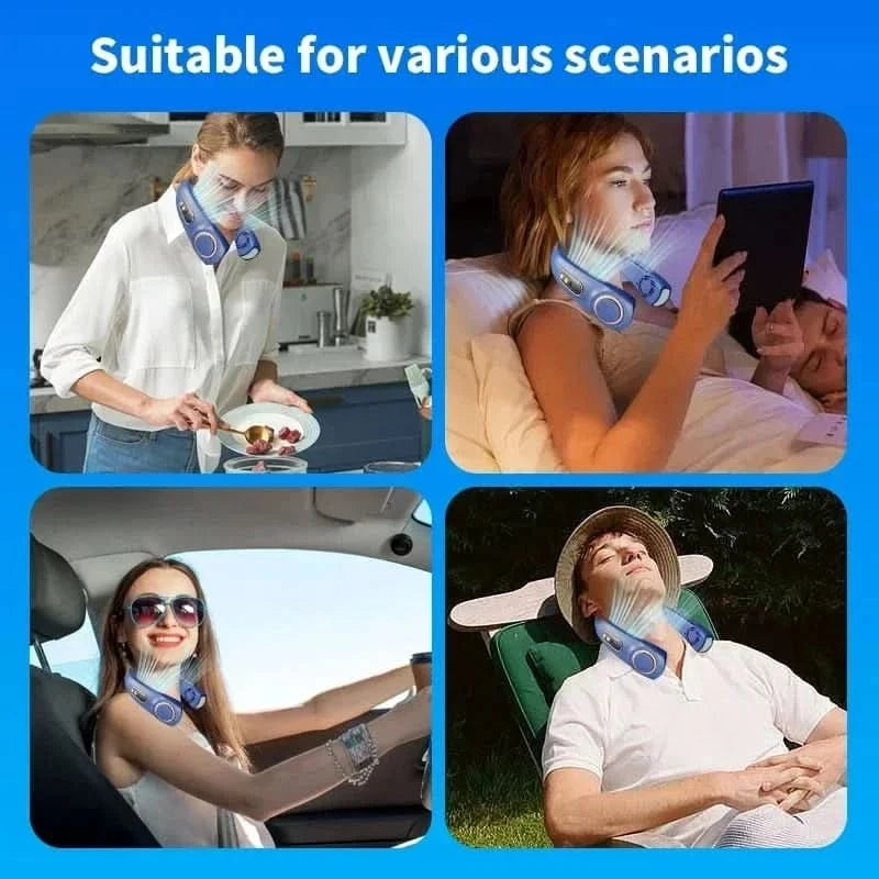 Collage of people using a neck pillow in different scenarios on a blue background with text 'Suitable for various scenarios'.

