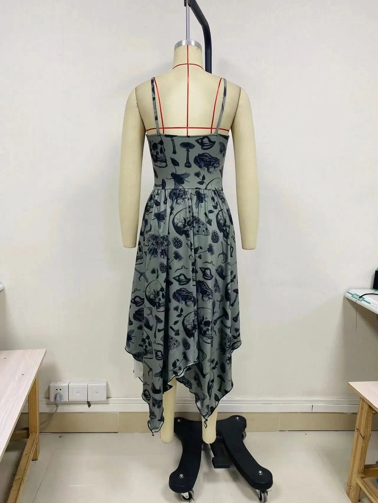 Goth Dark Fairy Grunge Y2k Aesthetic Skull Graphic Dresses Mall Gothic Shirring Lace Up Long Dress Punk A-line Slim Emo Clothing - M & M Global