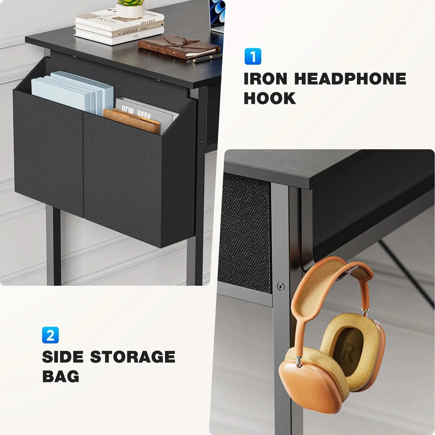 JHK 32 Inch Modern Office Computer Desk with Fabric Storage Drawers Space Side Bag Metal Frame Adjustable Feet For Home PC Table