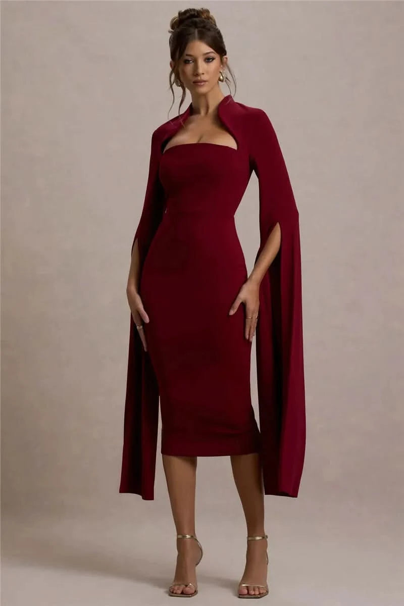 Mozision Cape Long Sleeve Sexy Midi Dress For Women Autumn Winter New Square Collar Back Slit Bodycon Club Party Long Dress - M & M Global