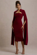 Mozision Cape Long Sleeve Sexy Midi Dress For Women Autumn Winter New Square Collar Back Slit Bodycon Club Party Long Dress - M & M Global