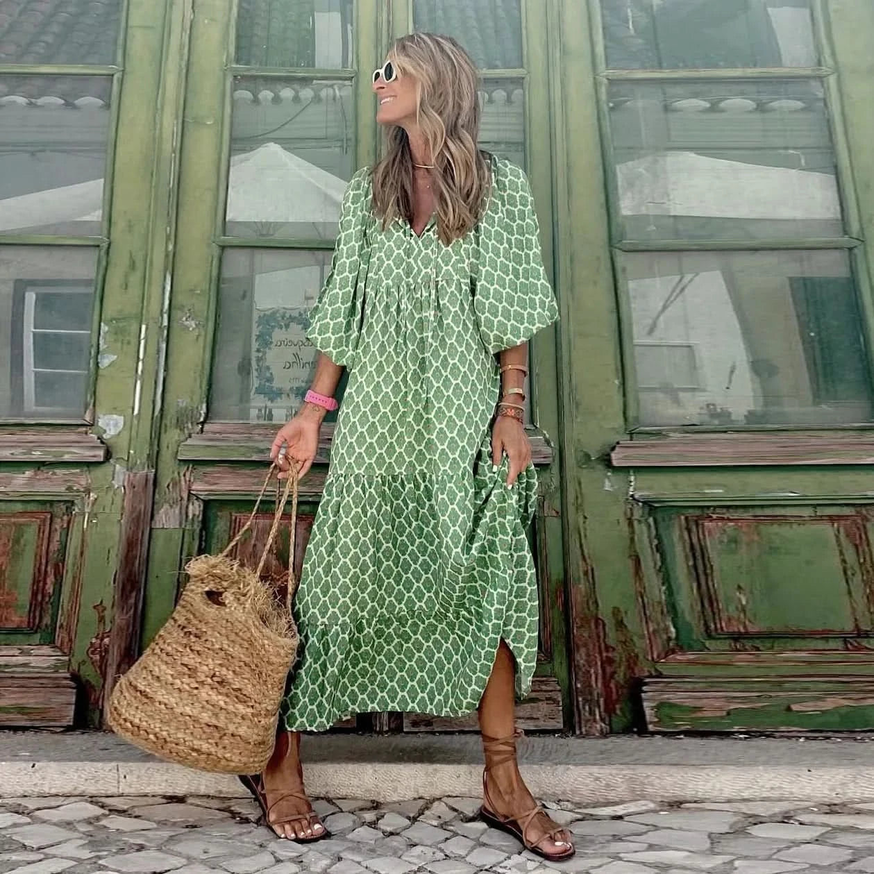 Summer Puff Sleeve Long Dress Women Geometric Print Half Sleeve Dress Boho V-Neck Loose Holiday Beach Dress Vestidos - M & M Global