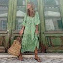 Summer Puff Sleeve Long Dress Women Geometric Print Half Sleeve Dress Boho V-Neck Loose Holiday Beach Dress Vestidos - M & M Global