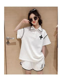 Girls Summer Polo Shirt Set Ruffle Collar T-Shirt Shorts Two-Piece Korean Style Mid-Big Children Fashionable Clothing - M & M Global