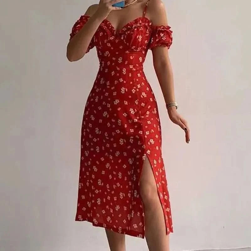 Women Elegant Off Shoulder V Neck Long Dress Sexy Sling Ruffle Strapless Slit Party Dress Spring Floral Print Slim Dress 21764 - M & M Global