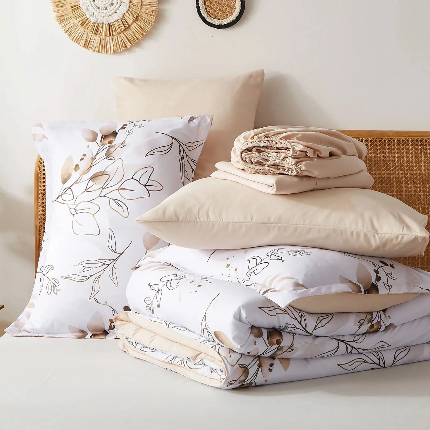 7Pcs solid color botanical pattern quilt set, microfiber soft and durable bedding set bedroom decoration gift
